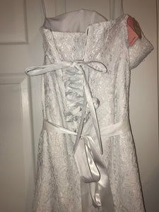 David's Bridal 'Sweetheart' size 14 used wedding dress back view on hanger