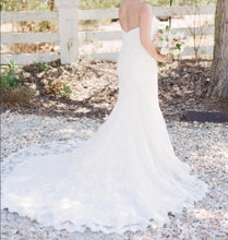 Load image into Gallery viewer, Allure &#39;Slim A Line Lace&#39; size 12 used wedding dress back view on bride
