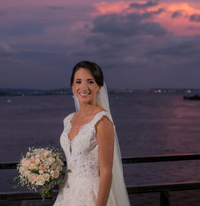 Pronovias 'Devany' size 6 used wedding dress front view on bride