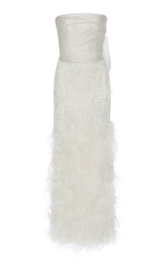 Marchesa 'Ostrich Feathered' size 4 used wedding dress front view on hanger