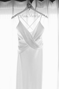 Elizabeth Fillmore 'Greta' size 6 used wedding dress front view on hanger