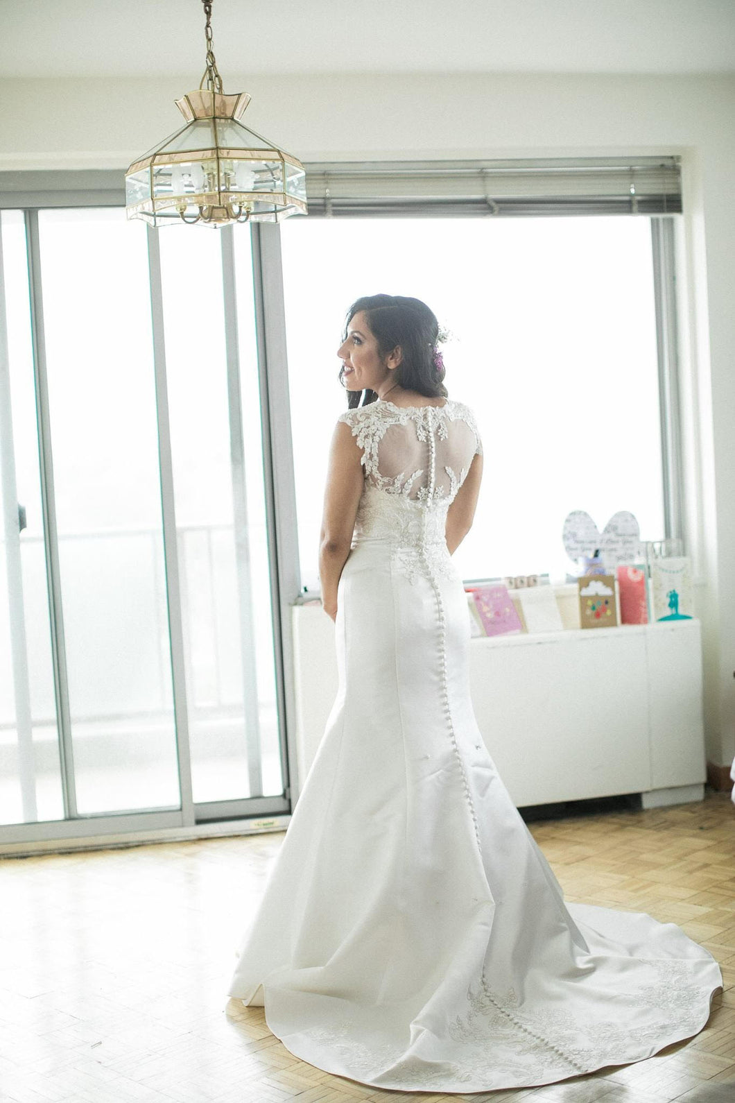 Jewel 'Illusion Neck' size 6 used wedding dress back view on bride