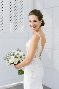 Michal Medina 'Juilia' size 2 used wedding dress side view close up on bride