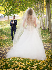 Monique Lhuillier 'Veronique' size 4 used wedding dress back view on bride