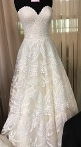 Custom 'Paisley' size 14 used wedding dress front dress on mannequin
