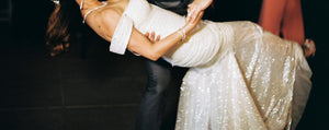 Pnina Tornai 'Glitter Draped' size 8 used wedding dress side view on bride