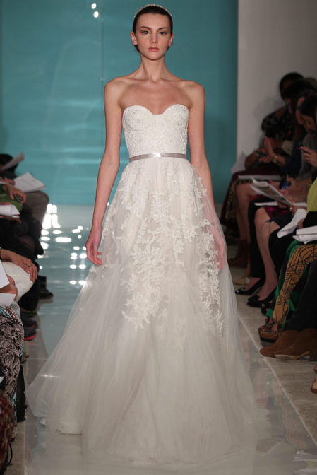 Reem Acra 'Dreamy' size 12 used wedding dress front view on model