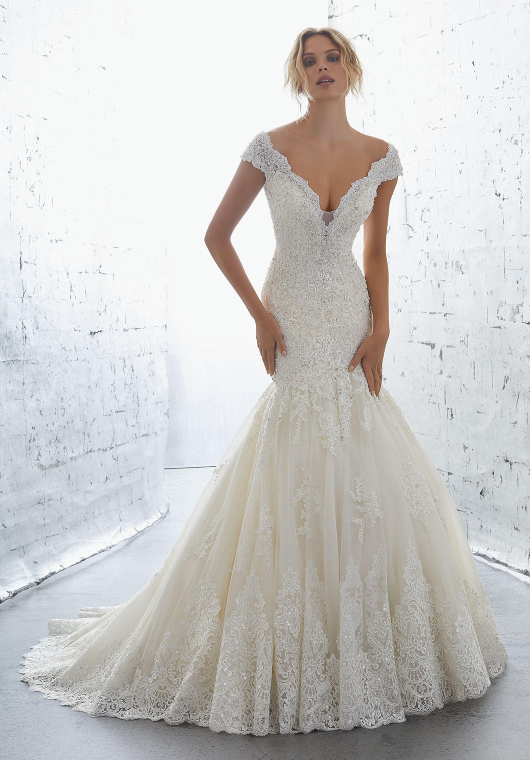 Mori Lee 'Karisma' size 8 used wedding dress front view on model