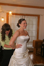 Load image into Gallery viewer, Custom &#39;Gorgeous Italian Silk&#39; size 4 used wedding dress front view on bride
